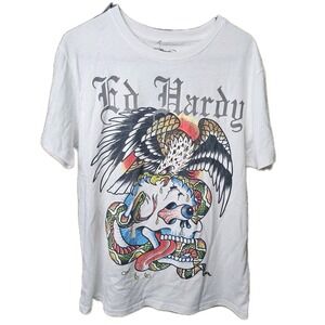 ED HARDY Rhinestone Eagle Skull Graphic T-Shirt White ‎ Men's Sz  M